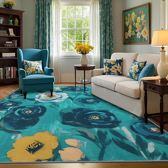 6x9 Camellia Floral Rugs, Modern Washable Flower Pattern Area Rug for Bedroom, Soft Large Non-Slip Kitchen Carpet Floor Door Mat for Living Room Dining Room Office - Teal