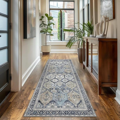 Bavni Kitchen Rug 2x5 Runner Rugs for Hallways Entryway, Washable Vintage Print Carpet, Ultra-Thin Chenille Low Pile Lightweight Rug with Non Slip Backing, Blue
