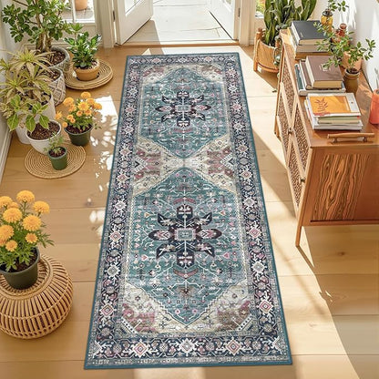 Enkor Runner Rugs for Hallway, 2x6 Washable Soft Boho Non Slip Floor Rugs for Kitchen, Modern Mat for Living Room Bedroom Entryway Purple & Green