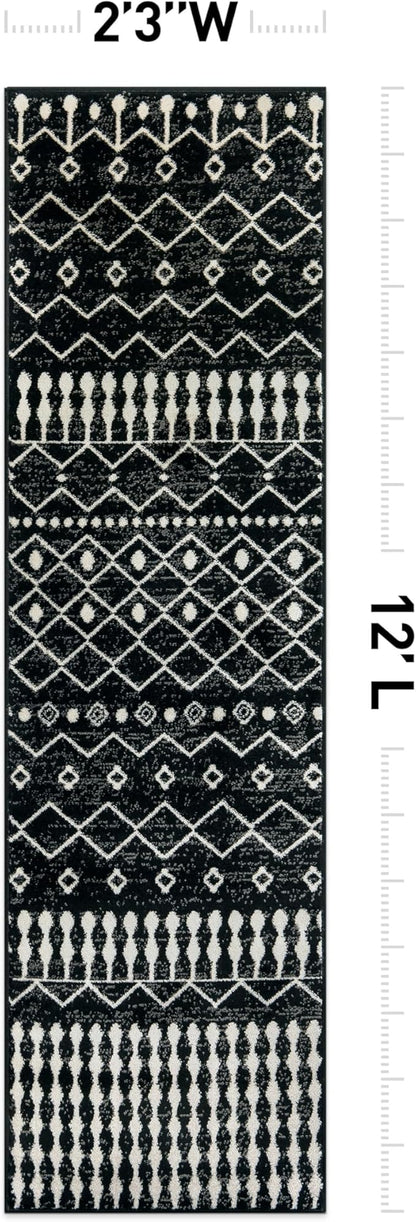 Rugshop Boho Black and White Tribal Area Rug – Geometric Diamond and Stripe Pattern Carpet for Living Room, Bedroom, or Entryway – Soft Modern Bohemian Floor Décor 2' 3" x 12' Runner Black