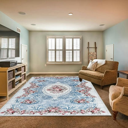 Easy-Going Large Area Rug 8x10 Washable Floral Rug for Living Room Non-Slip Bedroom Rugs Low Pile Lightweight Retro Flowers Throw Rug for Dining Room Kitchen Home Office Carpet, Teal Red