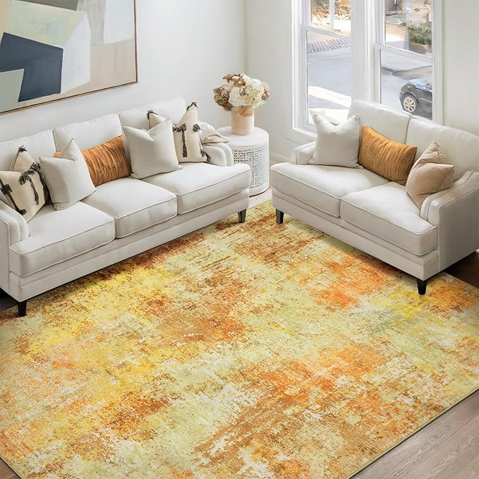Washable Area Rug 5x7 - Neutral Modern Abstract Rugs, Soft Non Slip Thin Carpet with for Bedroom, Under Dining Room Table, Home, Office, Dorm, Office Rolling Chair - Yellow Brick