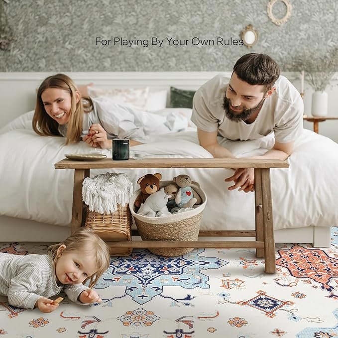 Phantoscope Washable Area Rug 8'x10' Non-Slip, Vintage Boho Rugs for Living Room, Bedroom, Dining Room, Medallion Persian Symmetrical Pattern, Low-Pile Foldable Floor Carpet, Ivory Blue/Orange