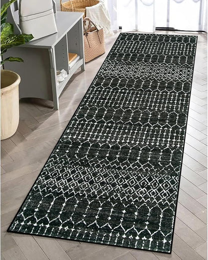 Lahome Moroccan Black Long Runner Washable Hallway Rug, Ultra-Thin Non Slip Kitchen Runner, Soft Modern Print Indoor Floor Carpet for Entryway Stair (Black, 2'5''x12'')