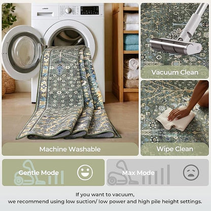 Kokia Boho Vintage Floral Area Rugs, Washable Oriental Botanical Rugs for Living Room, Bedroom, Dining Room, Office, Large Soft Indoor Area Rug, Sage Green，8x10