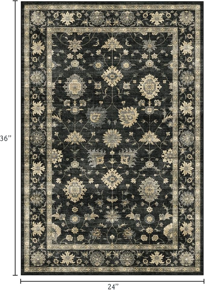 2x3 Washable Entry Rug - Small Entryway Area Rug Non-Slip Door Mat Indoor Entrance Charcoal Black Vintage Floral Kitchen Rug Low Pile Boho Throw Rugs for Entryway Bedroom Bathroom