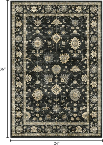 2x3 Washable Entry Rug - Small Entryway Area Rug Non-Slip Door Mat Indoor Entrance Charcoal Black Vintage Floral Kitchen Rug Low Pile Boho Throw Rugs for Entryway Bedroom Bathroom