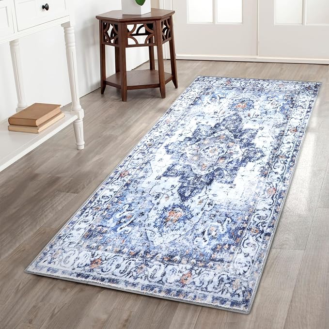 COMSLE Washable Door Mat, Front Door Mat Indoor Faux Wool Absorbent Small Rugs for Entryway Distressed Throw Rug Non-Slip Accent Floor Carpet for Entrance Bedroom, 24X48 Inches Blue
