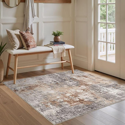 Square Area Rug Living Room Rugs - 5x5 Washable Large Soft Indoor Neutral Modern Abstract Low Pile Rug Carpet for Bedroom Dining Room Farmhouse Home Office - Grey Brown