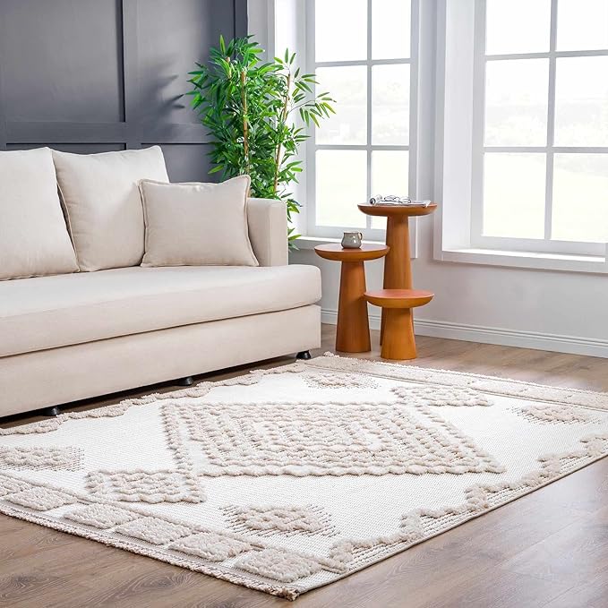 Hauteloom Rosales Farmhouse Living Room Bedroom Modern Moroccan Medallion Area Rug - Soft Shaggy High Low Carpet - High Pile - Bohemian, Boho - White, Beige, Cream - 6'7" x 9'