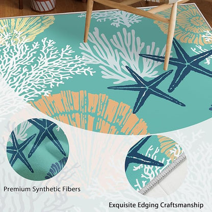 Tritard Coastal Area Rugs Nautical Beach Themed Non-Slip Machine Washable Rugs Modern Floor Carpet for Living Room Bedroom, 5x7, Teal and Turquoise