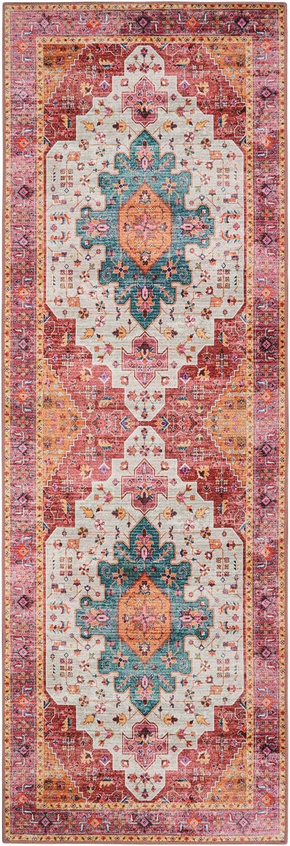 Moynesa Ultra-Thin Washable Pink Runner Rug - 2x6 Washable Long Hallway Rug Runner Kitchen Mat, Oriental Medallion Laundry Room Carpet Runner for Powder Dressing Room Cabinet Bedside Bathroom
