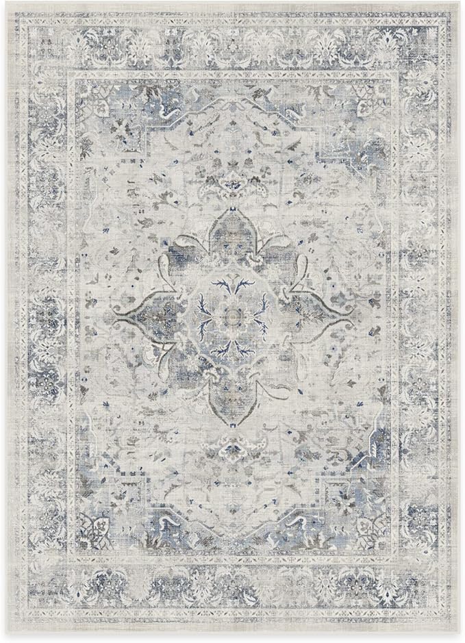 RUGGABLE Washable Vintage Area Rug – Sarrah Blue Quartz 5x7, Stain-Resistant, Non-Slip – Medium Machine Washable Rugs for Living Room, Bedroom, Hallway, Entryway & Office–with Cushioned Pad