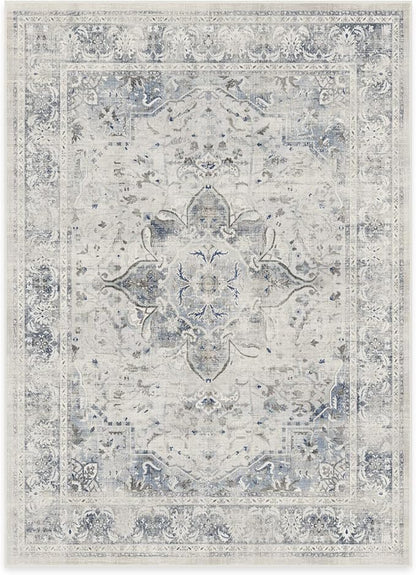 RUGGABLE Washable Vintage Area Rug – Sarrah Blue Quartz 5x7, Stain-Resistant, Non-Slip – Medium Machine Washable Rugs for Living Room, Bedroom, Hallway, Entryway & Office–with Cushioned Pad