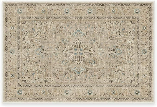 RUGGABLE Washable Vintage Area Rug – Kamran Ivory Opal 2x3, Stain-Resistant, Non-Slip – Small Machine Washable Rugs for Living Room, Bedroom, Hallway, Entryway & Bathroom–with Standard Pad