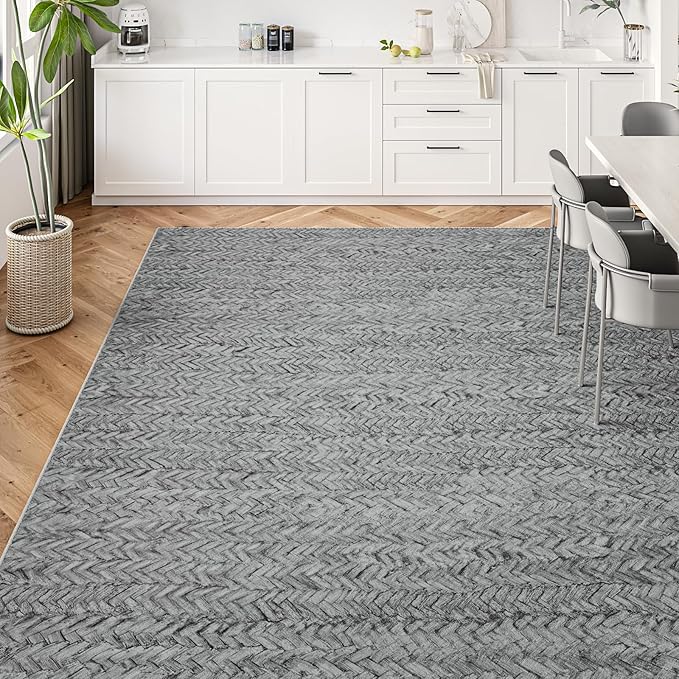 Eleisa Modern Vintage 9x12 Herringbone Chevron Area Rug, Non-Slip Stain Resistant Washable Rug, Light Grey Large Rug for Living Room, Farmhouse Carpet for Bedroom, Kitchen, Dining Room, Home Office