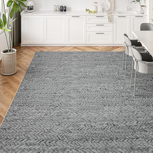 Eleisa Modern Vintage 9x12 Herringbone Chevron Area Rug, Non-Slip Stain Resistant Washable Rug, Light Grey Large Rug for Living Room, Farmhouse Carpet for Bedroom, Kitchen, Dining Room, Home Office