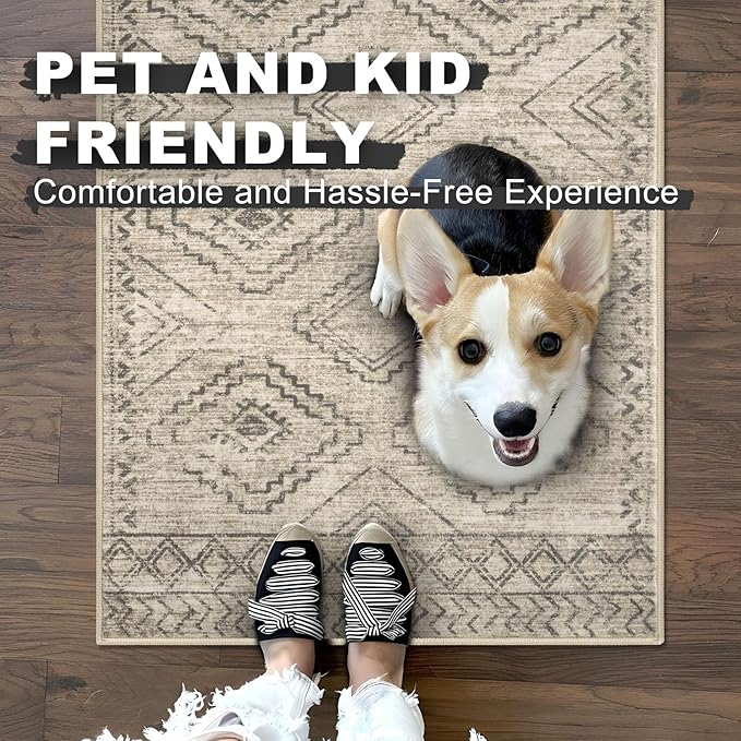KILOCOCO Boho Entryway Rug 3x5 Area Rug Washable Non Slip Throw Rugs Soft for Kitchen Living Room Dining Bedroom Geometric Moroccan Carpet, Beige/Gray/Green