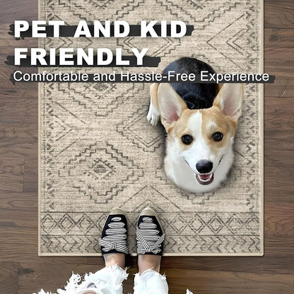 KILOCOCO Boho Entryway Rug 3x5 Area Rug Washable Non Slip Throw Rugs Soft for Kitchen Living Room Dining Bedroom Geometric Moroccan Carpet, Beige/Gray/Green