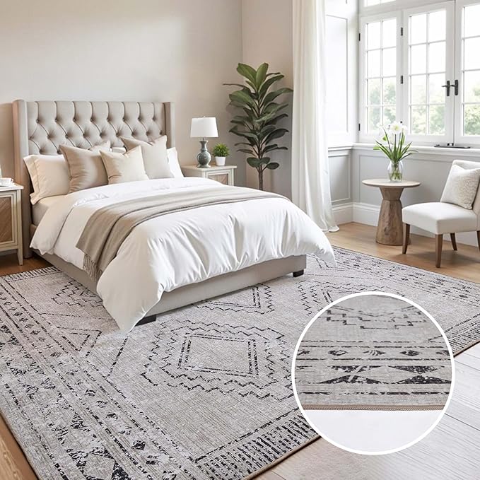 ILANGO Area Rugs 5x7, Moroccan Grey Rugs for Living Room Machine Washable Area Rugs Dedroom with Rubber Backing Non Slip Carpet for Farmhouse Dining Room, Ultra-Thin, Foldable, Easy Clean