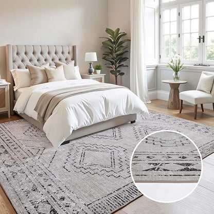 ILANGO Area Rugs 5x7, Moroccan Grey Rugs for Living Room Machine Washable Area Rugs Dedroom with Rubber Backing Non Slip Carpet for Farmhouse Dining Room, Ultra-Thin, Foldable, Easy Clean