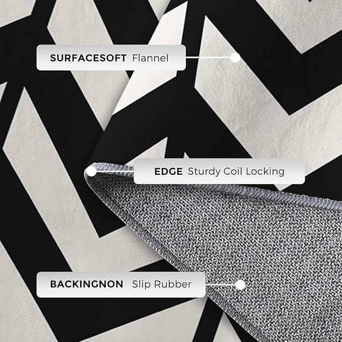 8x10 Black and White Chevron Rugs for Bedroom Decor, Washable Chevron Geometric Pattern Area Rug, Living Room Home Decoration, Non Slip Soft Thin, Modern Zigzag Decor Large Carpet PF-P 49