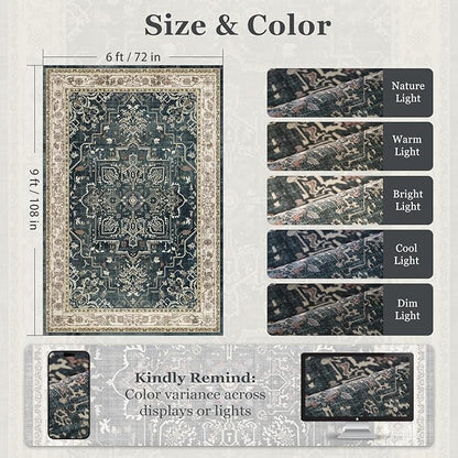 Distressed Farmhouse Area Rugs 6x9 for Living Room, Low Pile Thin Rugs for Bedroom Manchine Washable Non Slip, Dark Medallion Pinted Carpet for Dining Room Guest Room Home Office, Midnight