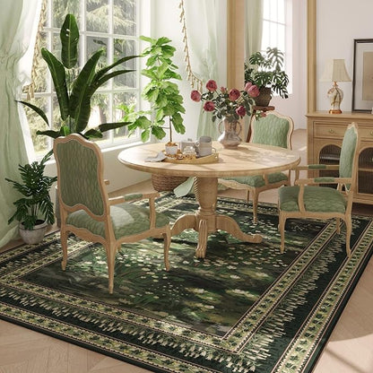 Rugcomf Area Rugs 8x10 Clearance Impressionist-Style Vintage Washable Area Rug Non Slip Low Pile Large Rug for Bedroom Farmhouse Dining Room Kids Playroom, Green