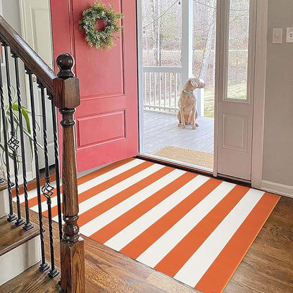 KOZYFLY Striped Rug 3x5 Ft Orange and White Halloween Fall Front Door Rug Hand Woven Area Rugs Washable Outdoor Doormats Indoor Entrance Mat for Front Porch Kitchen Entryway Patio Holiday