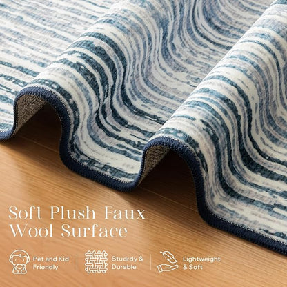 Phantoscope Washable Area Rug 4'x6' Non-Slip, Modern Neutral Boho Rugs for Living Room, Bedroom, DiningRoom, Distressed Geometric Rectangle Pattern, Low-Pile Foldable Floor Carpet, Coastal Blue/Grey