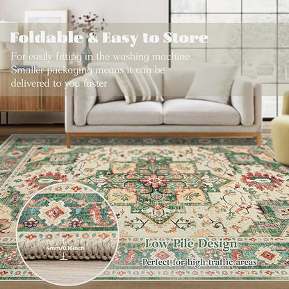 Area Rug 9x12 Washable Rug, Vintage Boho Medallion Rugs Non-Slip Soft Low Pile Large Distressed Rug Indoor Retro Carpet for Living Room Bedroom Dining Room Home Office (Green Beige, 9'x12')