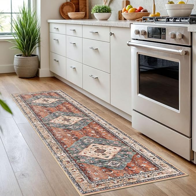 KOZYFLY Runners for Hallways 2x7 Ft Washable Kitchen Runner Rug Boho Runner Rug for Entryway Indoor Rust/Orange/Blue Printed Oriental Faux Wool Floor Carpet Runner for Bedroom Kitchen Hall