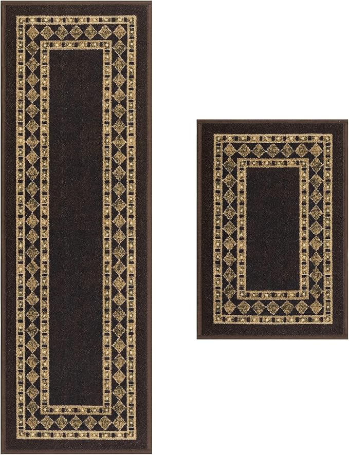 Antep Rugs Alfombras Modern Bordered 2pc Non-Skid (Non-Slip) Low Profile Pile Rubber Backing Indoor Kitchen Runner Rugs (Brown Beige, 2pc Set)