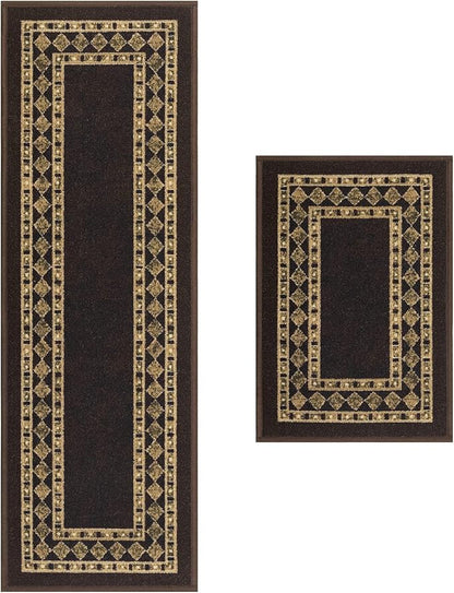 Antep Rugs Alfombras Modern Bordered 2pc Non-Skid (Non-Slip) Low Profile Pile Rubber Backing Indoor Kitchen Runner Rugs (Brown Beige, 2pc Set)