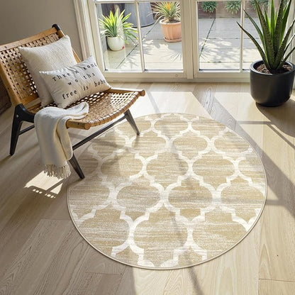 Lahome Moroccan Round Rug - 3x3 Washable Non-Slip Small Bathroom Rug Throw Soft Kids Nursery Room Rugs, Modern Print Distressed Round Carpet for Bedroom Sofa (Taupe, 3Ft-Round)