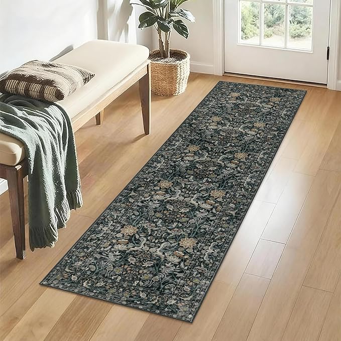 Washable Runner Rug 2x6: Vintage Boho Floral Carpet Runners for Hallway Entryway Non-Slip - Soft Botanical Low Pile Thin Mat for Kitchen Bathroom Bedroom Laundry Floor Decor - Dark Green