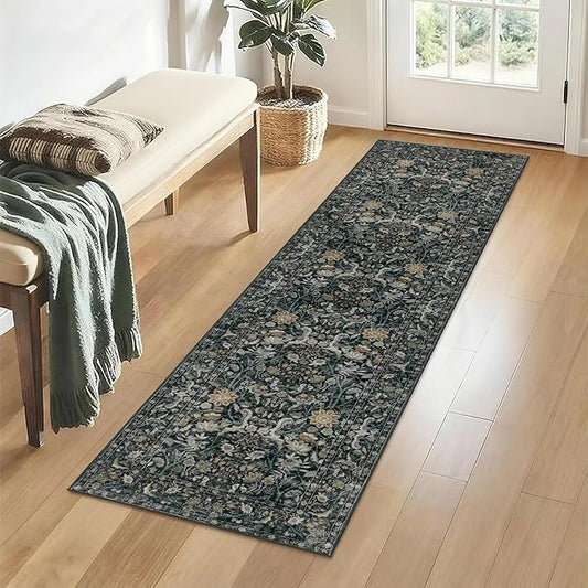 Washable Runner Rug 2x6: Vintage Boho Floral Carpet Runners for Hallway Entryway Non-Slip - Soft Botanical Low Pile Thin Mat for Kitchen Bathroom Bedroom Laundry Floor Decor - Dark Green