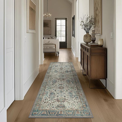 Bavni Bedroom Rug Runners for Hallways, Washable Runner Rug 2x10, Low Pile Non-Slip Indoor Throw Carpet for Bedroom Laundry Room, Blue/Ivory