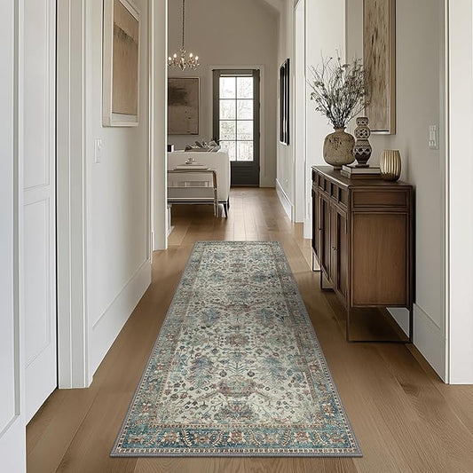 Bavni Bedroom Rug Runners for Hallways, Washable Runner Rug 2x10, Low Pile Non-Slip Indoor Throw Carpet for Bedroom Laundry Room, Blue/Ivory