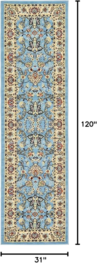 Rugs.com Yasmin Collection Rug – 10 Ft Runner Light Blue Medium Rug Perfect for Hallways, Entryways