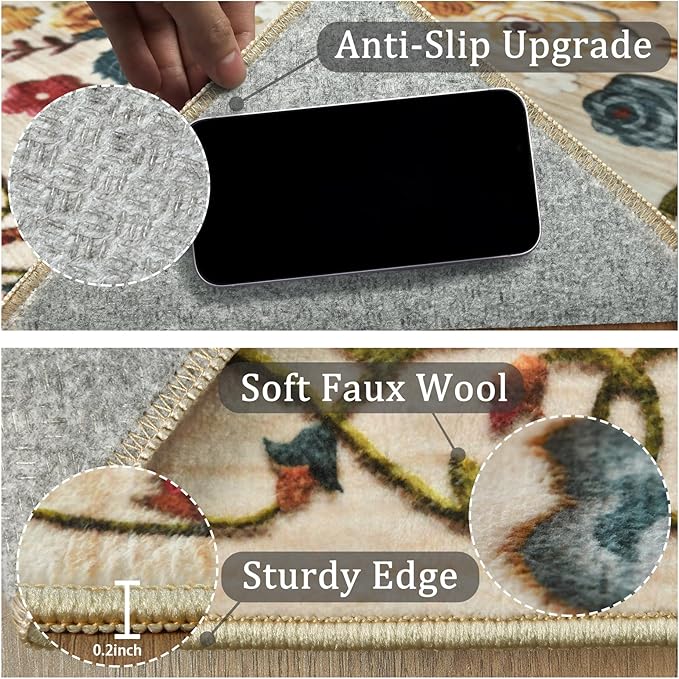2'6''x8' Machine Washable Runner Rug, Kitchen Hallway Area Rug Beige Vintage Boho Floral Ultra Non-Slip Low Pile Soft Faux Wool Carpet, Kids and Pets Friendly for Bedroom Entryway Nursery Decor Rug