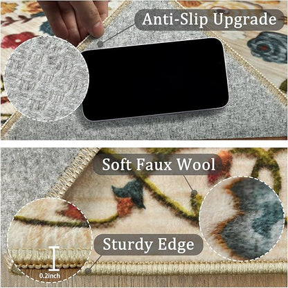 2x6 Machine Washable Runner Rug, Kitchen Hallway Area Rug Beige Vintage Boho Floral Ultra Non-Slip Low Pile Soft Faux Wool Carpet, Kids and Pets Friendly for Bedroom Entryway Nursery Home Decor Rug