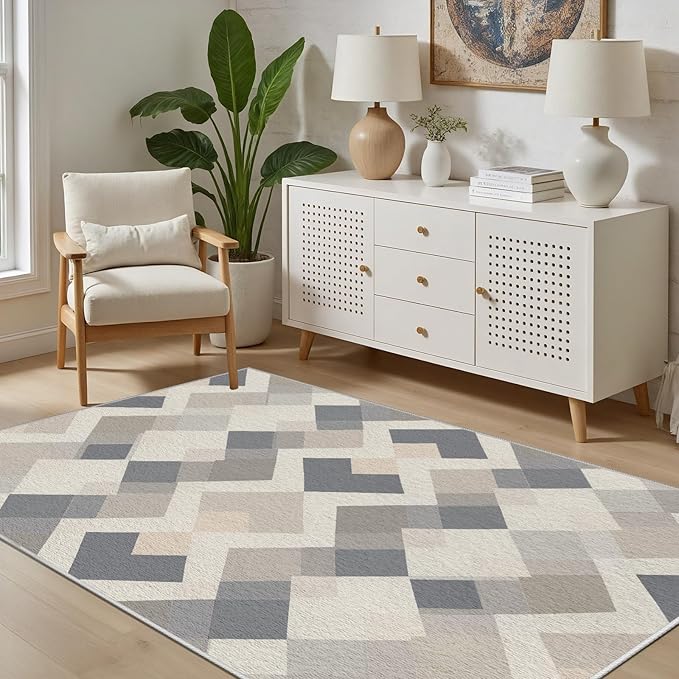Modern Area Rug Living Room Rugs 4x5, Minimalist Soft Boho Geometric Rug, Non-Slip Washable Low Pile Non Shedding Carpet for Bedroom Office Dining Room Kitchen Nursery, Gray Beige White