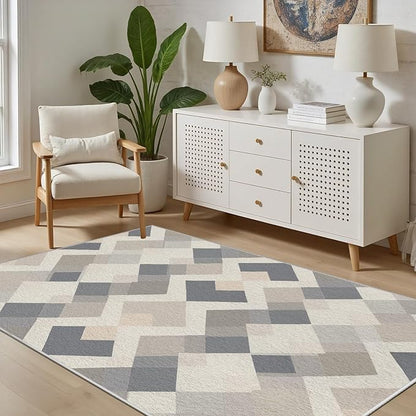 Modern Area Rug Living Room Rugs 8x10, Minimalist Soft Boho Geometric Rug, Non-Slip Washable Low Pile Non Shedding Carpet for Bedroom Office Dining Room Kitchen Nursery, Gray Beige White