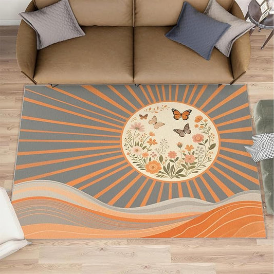 Boho Sun Area Rugs 3x5ft, Minimalist Line Boys Rugs for Bedroom, Geometric Solar Kids Room Rug Soft Fuzzy Washable for Living Room Game Room Coffee Table