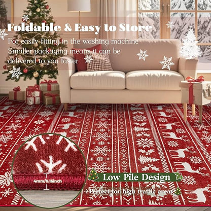 Christmas Rug 4x6 Washable Rugs, Boho Christmas Tree Snowflake Rug Non-Slip Soft Low Pile Non Shedding Indoor Holiday Decor Carpet for Living Room Bedroom Dining Room Home Office (Xmas Red, 4'x6')
