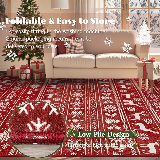 Christmas Runner Rug 2x6 Washable Rugs, Boho Christmas Tree Snowflake Rug Non-Slip Soft Low Pile Non Shedding Indoor Holiday Decor Carpet for Bedroom Bathroom Laundry Staircase Foyer (Xmas Red, 2'x6')