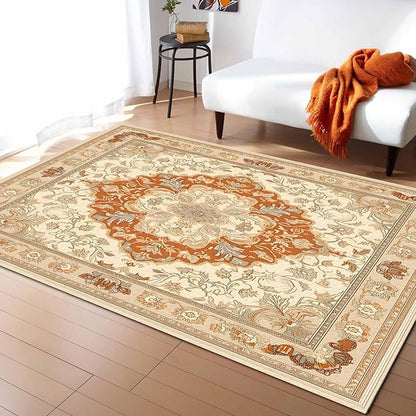 Orange Bohemian Rectangular Area Rugs for Living Room Bedroom 4 x 6 ft Vintage Farmhouse Floral Pattern Non-Shedding Soft Low Pile Rug Non Slip Washable Rug for Nursery Entryway Playroom