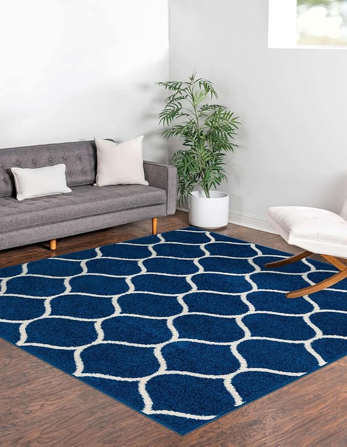Rugs.com Lattice Frieze Collection Rug – 4' Square Navy Blue Medium Rug Perfect for Living Rooms, Kitchens, Entryways