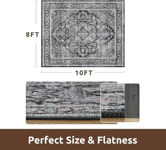 AMOAMI-Area Rug 8X10 Rugs for Living Room-Vintage Soft Black Rugs for Bedroom-Non Slip Carpet-Washable Rug for Dining Room Living Room Bedroom Office Under Table Dark Grey & Black